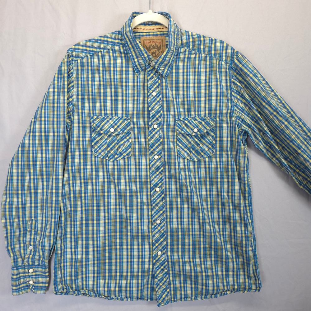 Red Camel Blue Yellow Plaid Western Peral Snap Button Down Shirt Women L Ranch